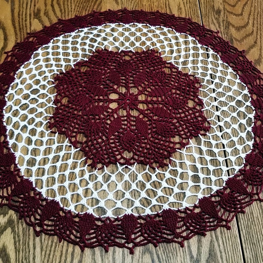 Vintage Style New Hand Crafted Burgundy and White, 20" Pineapple Doily.